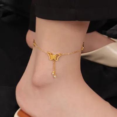 Stainless Steel Butterfly Zircon Tassel Anklet 